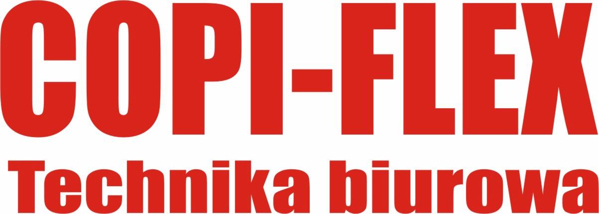 Czerwone logo 'COPI-FLEX Technika biurowa' na białym tle. Duże, pogrubione litery. Napis wskazuje na usługi związane z techniką biurową.
