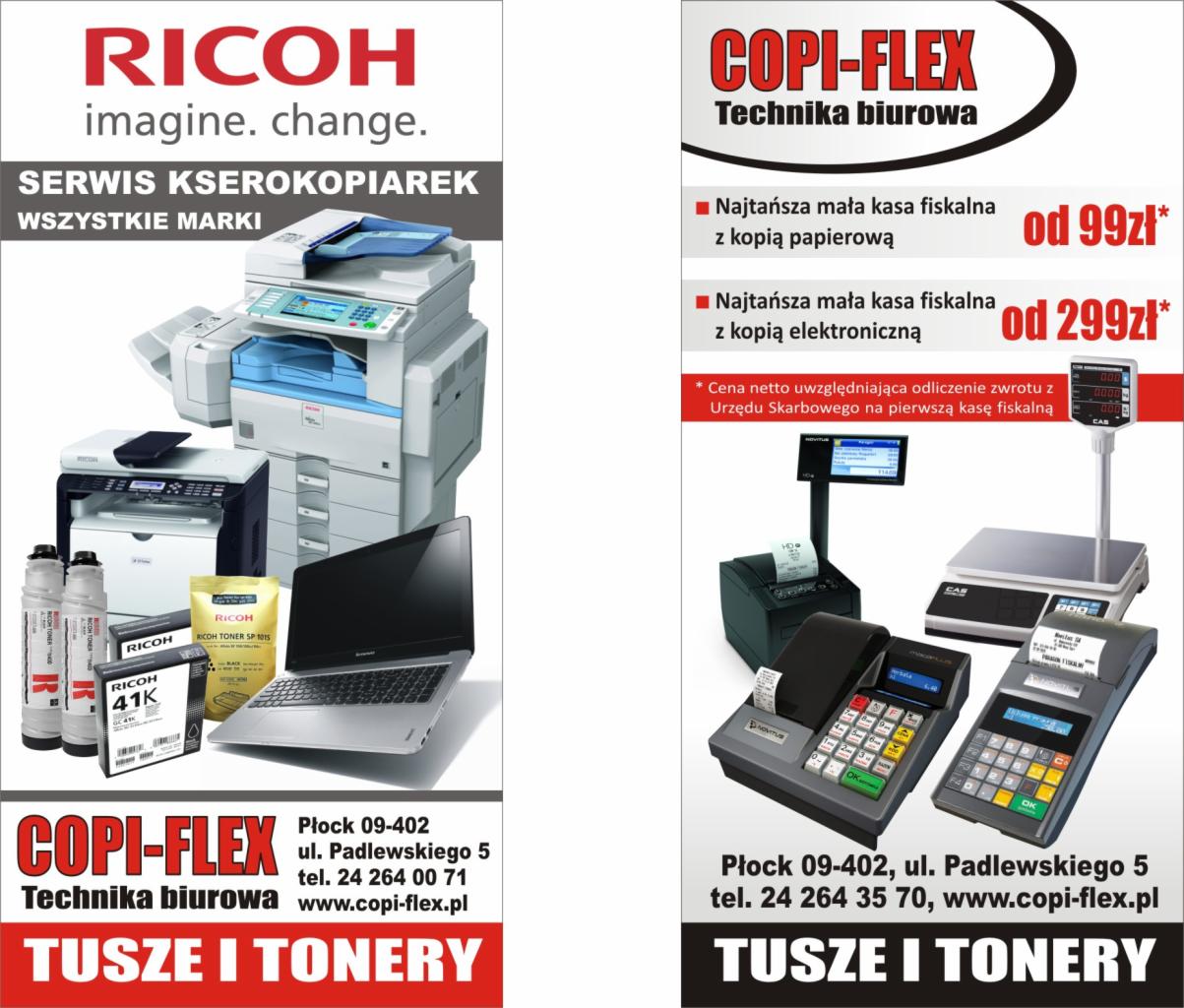 Oferta serwisu kserokopiarek Ricoh i Copi-Flex z Płocka, obejmująca tonery, tusze, kasy fiskalne i sprzęt biurowy. Widoczne kserokopiarki, laptop, kasy fiskalne i materiały eksploatacyjne.