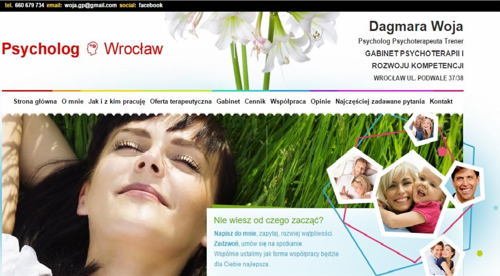 Strona internetowa psychologa z Wrocławia, Dagmara Woja, z relaksującym zdjęciem kobiety na trawie i informacjami o gabinecie psychoterapii.