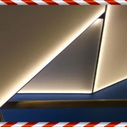 Nowoczesny sufit z podświetlanymi panelami o geometrycznych kształtach, z akcentami w kolorze granatowym i delikatnym oświetleniem LED.