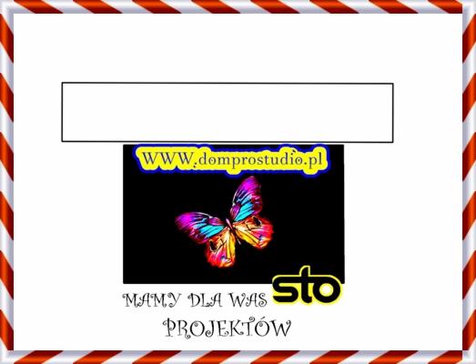 Grafika z motylem, adresem www.domprostudio.pl i napisem 'Mamy dla was projektów', w ramce w biało-czerwone paski.