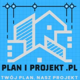 Logo firmy projektowej z sylwetką domu na tle siatki technicznej w kolorze niebieskim, z hasłem 'Twój plan, Nasz projekt' i adresem strony internetowej.