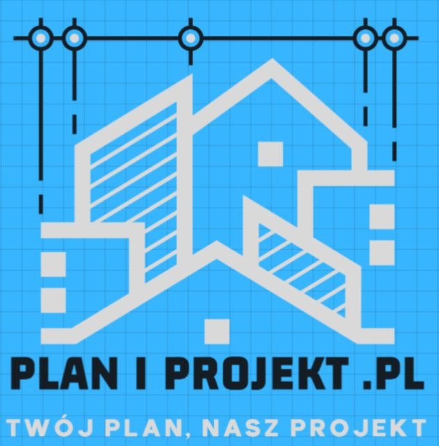 Logo firmy projektowej z sylwetką domu na tle siatki technicznej w kolorze niebieskim, z hasłem 'Twój plan, Nasz projekt' i adresem strony internetowej.