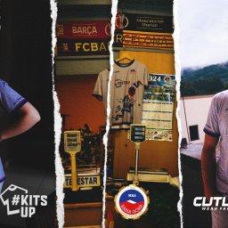 RABAK Sp. z o.o. - Kolaż: modelka i model w koszulkach sportowych #KITSUP, w tle szaliki FC Barcelona i Manchester United, waga sklepowa. Cutline Wear Factory.