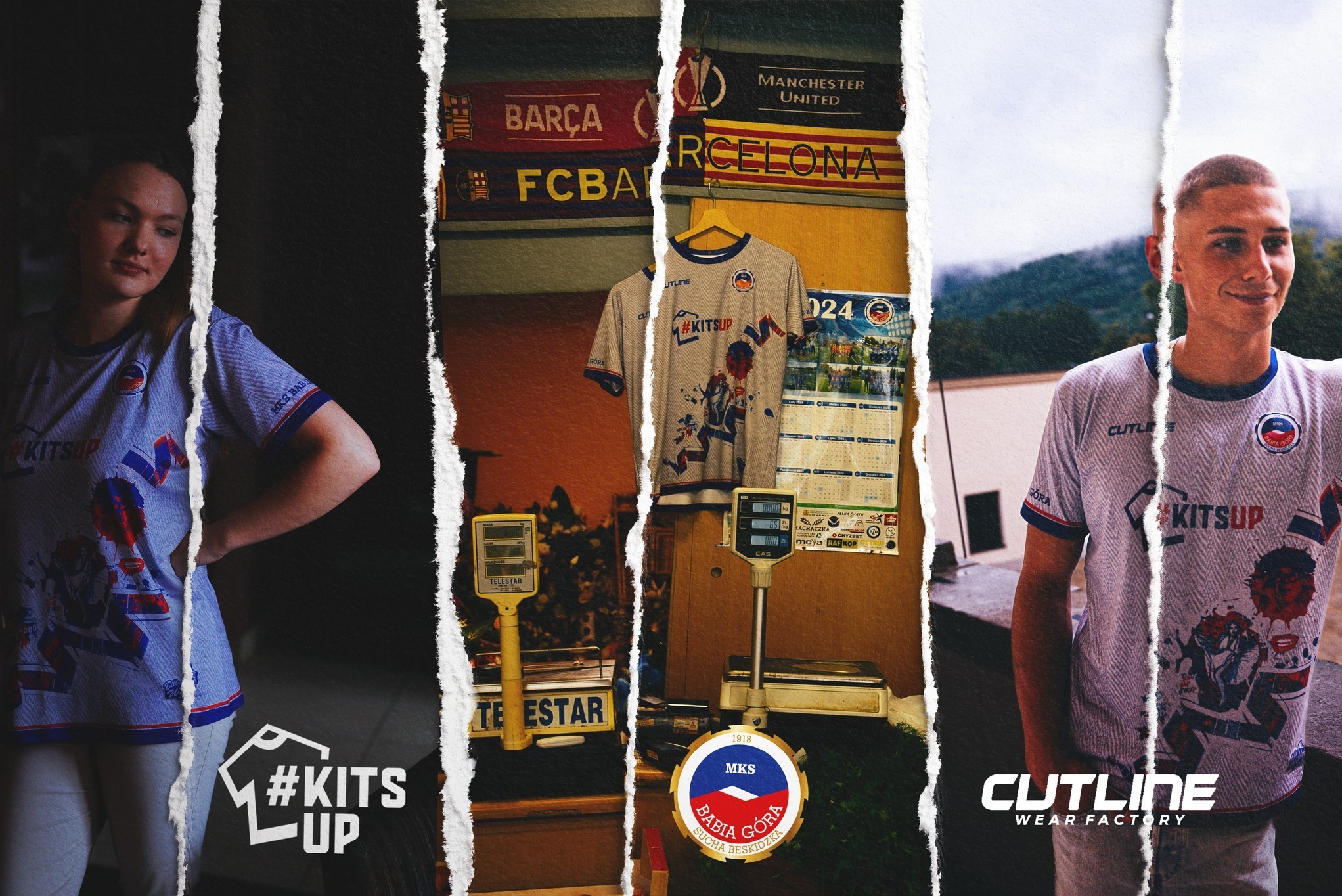 Kolaż: modelka i model w koszulkach sportowych #KITSUP, w tle szaliki FC Barcelona i Manchester United, waga sklepowa. Cutline Wear Factory.