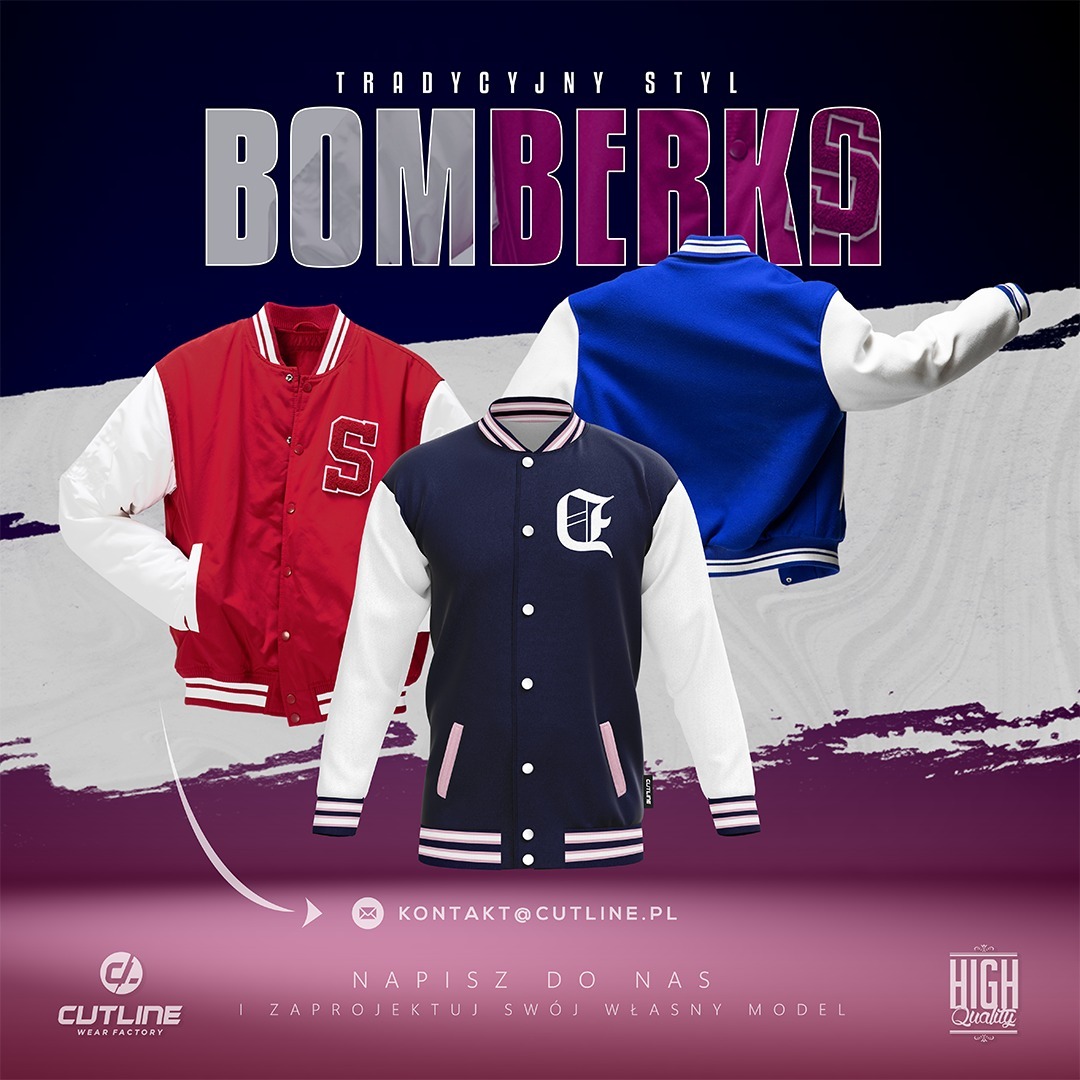 Kolekcja kurtek typu bomberka w stylu vintage: czerwona z literą 'S', granatowa z 'C' i niebieska. Reklama szwalni odzieży Cutline Wear Factory.