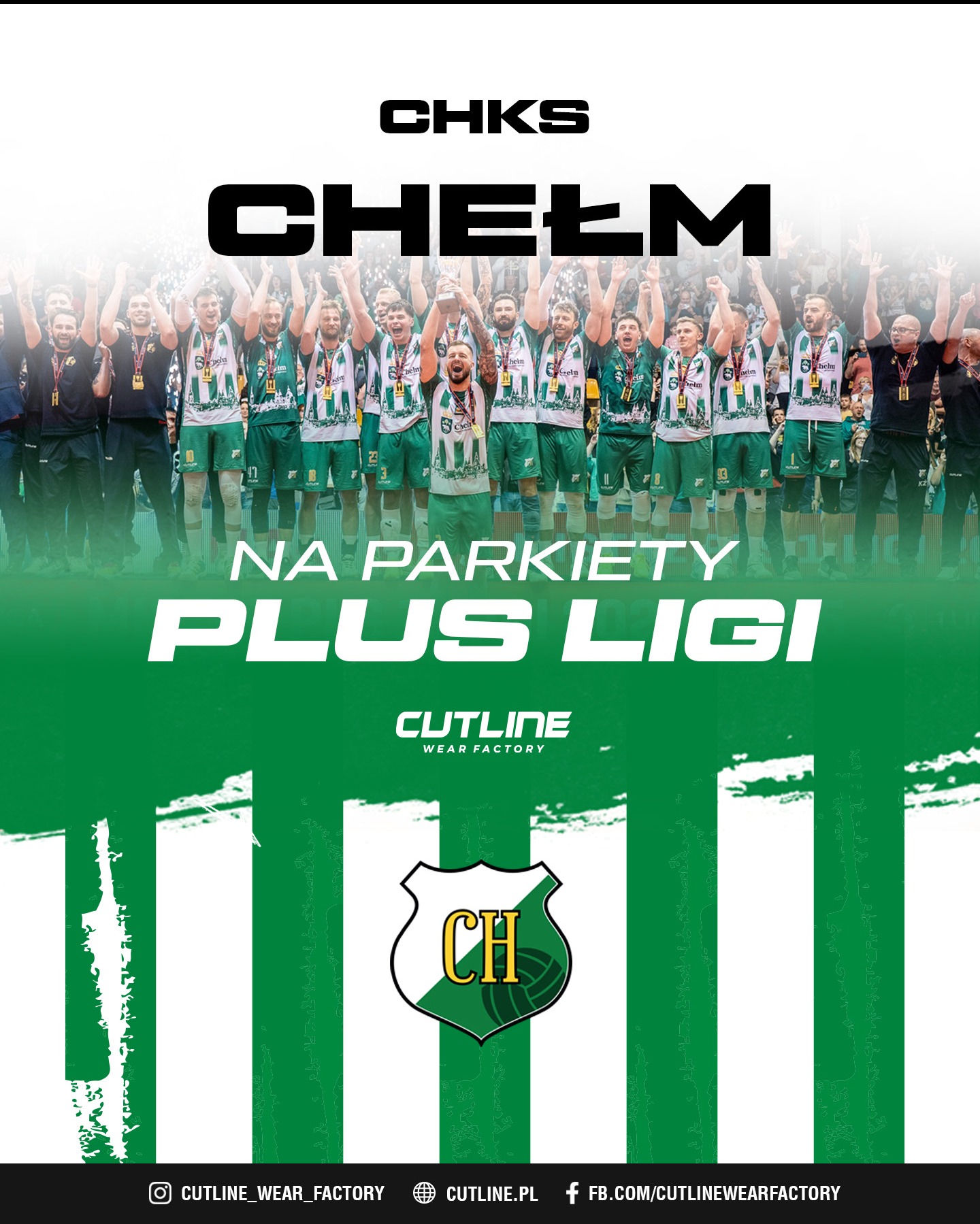 Drużyna sportowa w zielono-białych strojach świętuje zwycięstwo. Logo firmy odzieżowej na dole. Napis: 'Na parkiety Plus Ligi'.