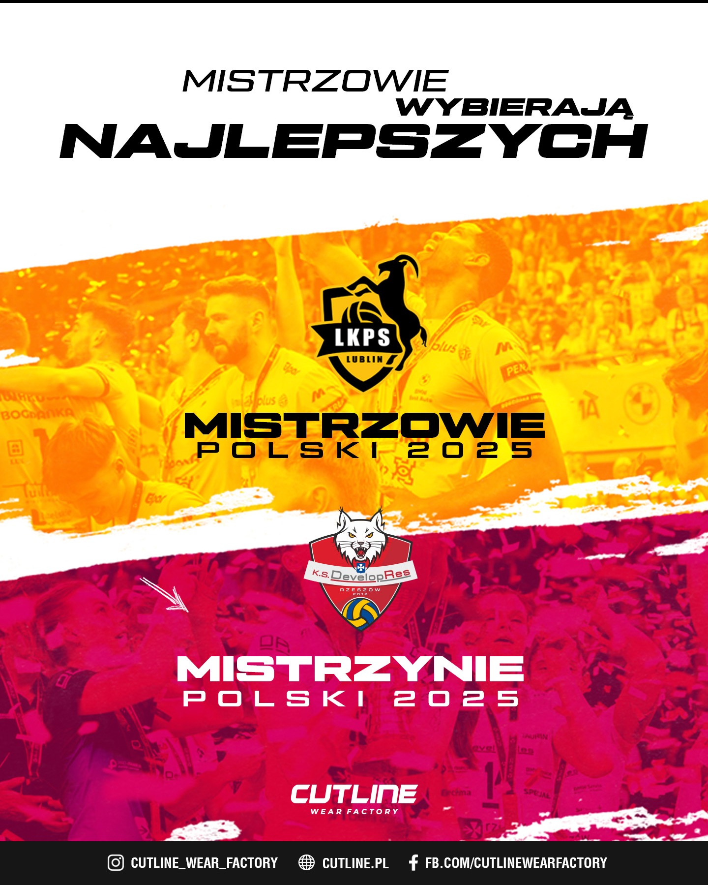 Grafika promocyjna Cutline Wear Factory z motywem sportowym, prezentująca hasła 'Mistrzowie' i 'Mistrzynie Polski 2025' oraz logotypy klubów sportowych.