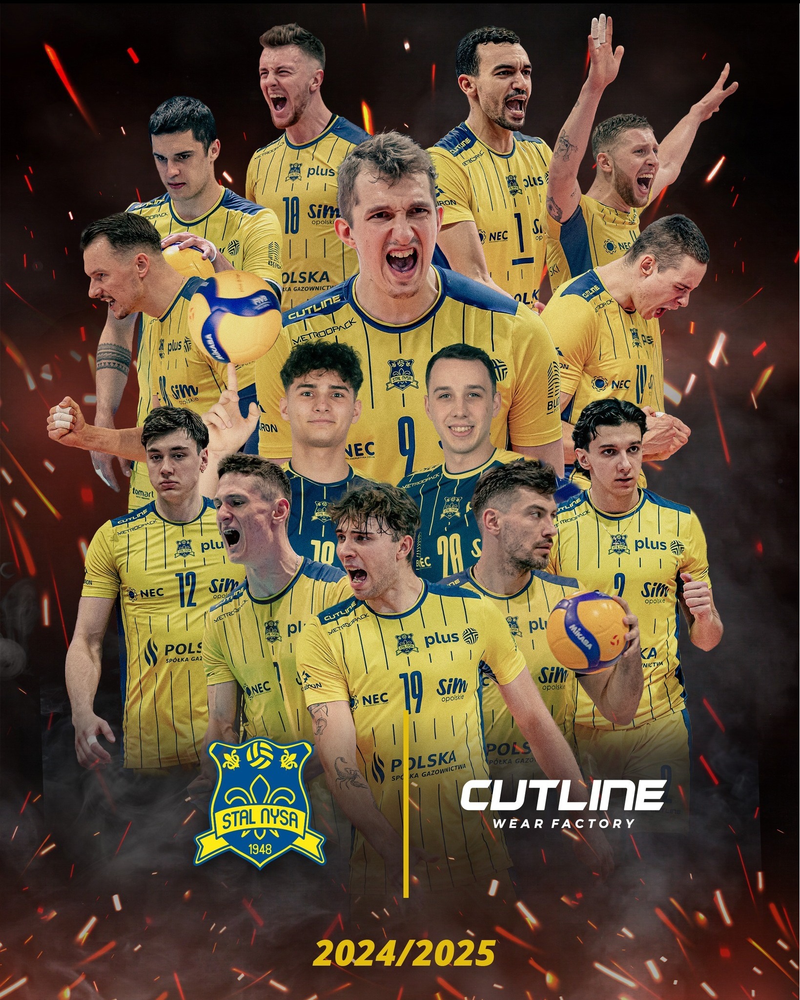 Plakat drużyny siatkarskiej Stal Nysa w żółto-niebieskich strojach Cutline Wear Factory na sezon 2024/2025. Widoczne logo klubu i producenta odzieży sportowej.