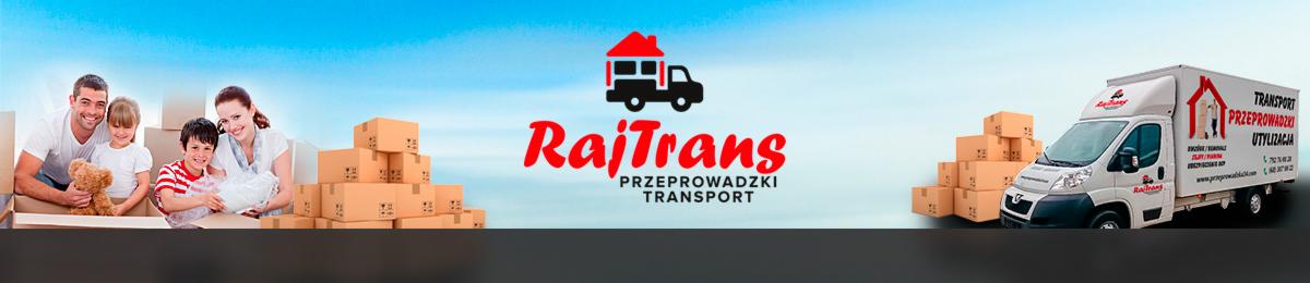Banner firmy RajTrans: rodzina pakuje się do kartonów, w tle logo i bus z napisem 'Transport Przeprowadzki Utylizacja'. Błękitne tło.