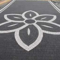 Granitowa kostka brukowa ułożona w ciemnoszarym kolorze z białym wzorem kwiatowym na środku i białymi pasami po bokach, tworząc estetyczny podjazd.