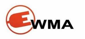 Logo firmy EWMA z symbolem wtyczki elektrycznej w pomarańczowym okręgu, obok czarny napis EWMA.