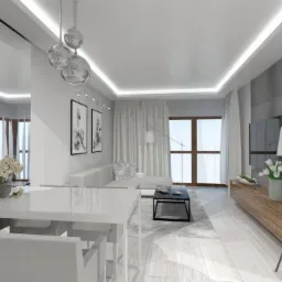 Wizualizacja jasnego salonu z jadalnią, białe meble, drewniana komoda pod telewizorem, dekoracyjny zegar na ścianie, szklane lampy wiszące, duże okno z białymi zasłonami.