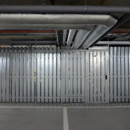 Metalowa, składana brama garażowa w hali garażowej, widoczne rury wentylacyjne pod sufitem i oznaczenia na filarze. Minimalistyczny design, szara kolorystyka.