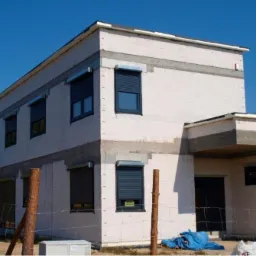 Surowy stan dwukondygnacyjnego domu z bloczków, z zamontowanymi szarymi oknami z roletami zewnętrznymi, widoczne materiały budowlane i ogrodzenie.