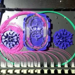 Panel światłowodowy z precyzyjnie ułożonymi, kolorowymi kablami i złączkami, wewnątrz czarnej obudowy. Widoczne elementy łączeniowe i kable w odcieniach różu i zieleni.