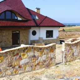 Dom z elewacją i ogrodzeniem z kamienia naturalnego w odcieniach żółci, czerwieni i bieli. Widoczny fragment krajobrazu w tle. Budynek z czerwoną dachówką.