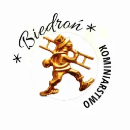 Złota figurka kominiarza z drabiną na tle logo firmy 'Biedroń - KOMINIARSTWO'