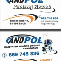 Wizytówka firmy ANDPOL: maszynowe gładzie gipsowe i malowanie, remonty kompleksowe, budowy domów. Widoczny numer telefonu i adres. Na dole wizytówki agregat malarski.