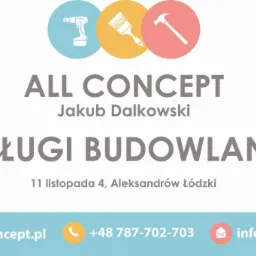 Logo firmy budowlanej All Concept z ikonami wiertarki, pędzla i młotka, oraz danymi kontaktowymi: adresem, numerem telefonu i adresem e-mail.