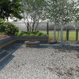 Wizualizacja ogrodu z paleniskiem otoczonym kamieniami, schodami z betonu, roślinnością ozdobną, trawnikiem i ogrodzeniem z siatki.