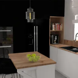 Wizualizacja nowoczesnej kuchni z czarnymi frontami szafek, drewnianym blatem i wyspą z jabłkami w misie. Wisząca lampa z geometrycznym kloszem i logo pracowni architektonicznej w prawym dolnym rogu.