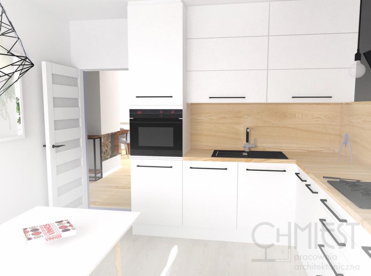 Wizualizacja nowoczesnej kuchni z białymi szafkami, drewnianym blatem i czarnymi detalami, widziana z perspektywy jadalni. Minimalistyczny design i oświetlenie.