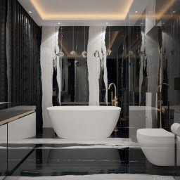 Ewelina Bulińska Architektura Wnętrz - Elegancka łazienka w czerni i bieli z wolnostojącą wanną, złotą armaturą i dekoracyjnym oświetleniem. Projekt zrealizowany z dbałością o detale i nowoczesny design.