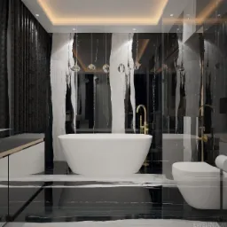 Elegancka łazienka w czerni i bieli z wolnostojącą wanną, złotą armaturą i dekoracyjnym oświetleniem. Projekt zrealizowany z dbałością o detale i nowoczesny design.