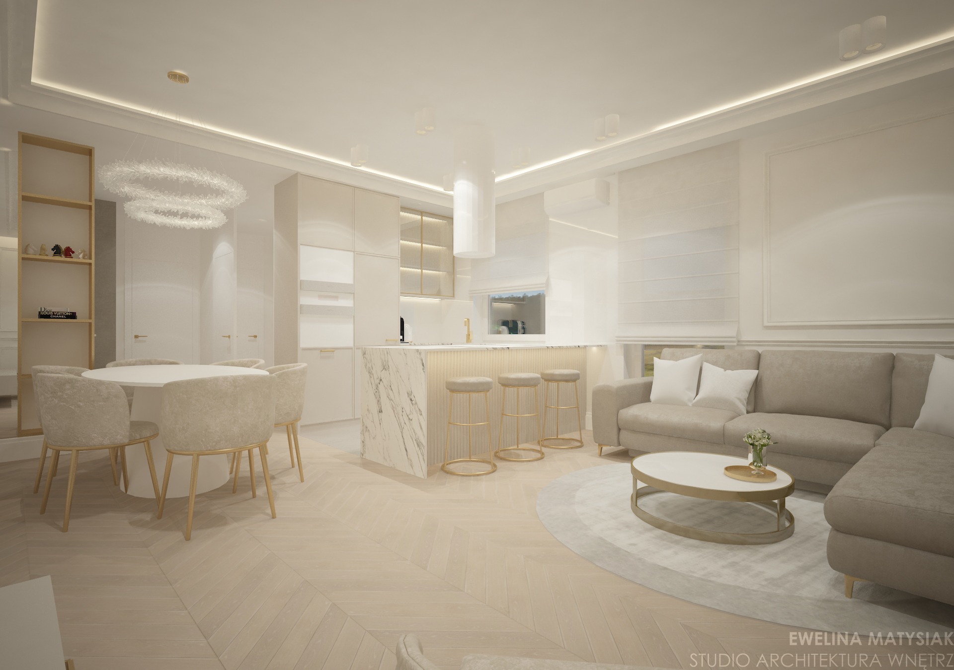 Jasne, przestronne wnętrze z otwartą kuchnią, marmurową wyspą z hokerami na złotych nogach, okrągłym stołem z krzesłami i beżową sofą. Na podłodze parkiet w jodełkę, a nad stołem nowoczesny...