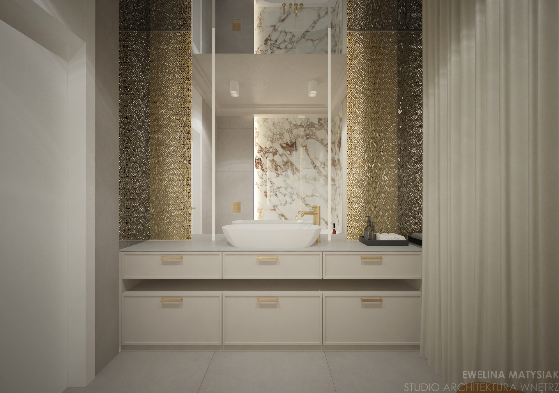 Elegancka łazienka z owalną umywalką nablatową, złotą armaturą i dekoracyjnymi panelami strukturalnymi po bokach lustra. W tle widoczna marmurowa ściana w kabinie prysznicowej.
