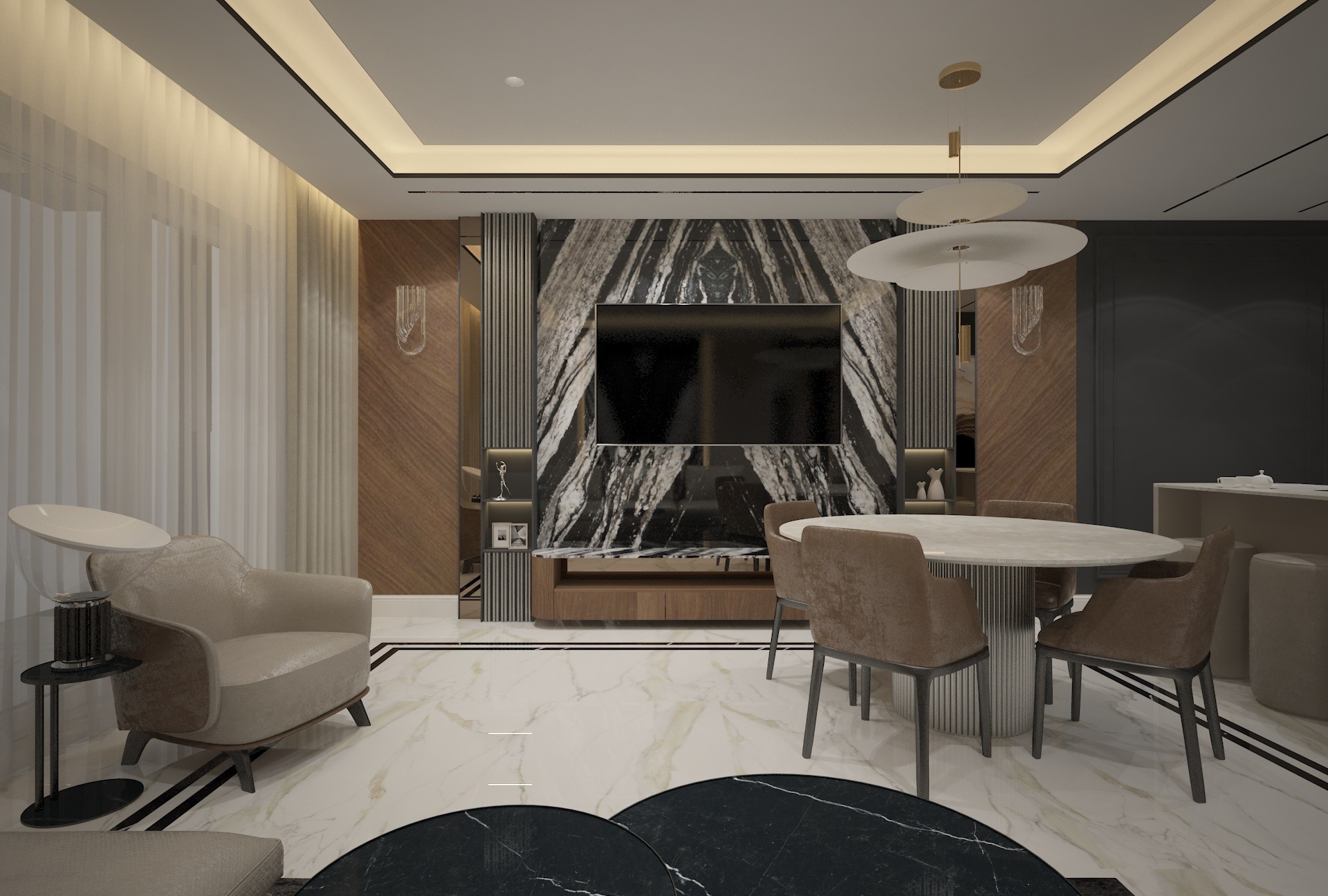 Elegancki salon z marmurową ścianą TV i okrągłym stołem w Radomsku. Jasne wnętrze z akcentami drewna i designerskim oświetleniem.