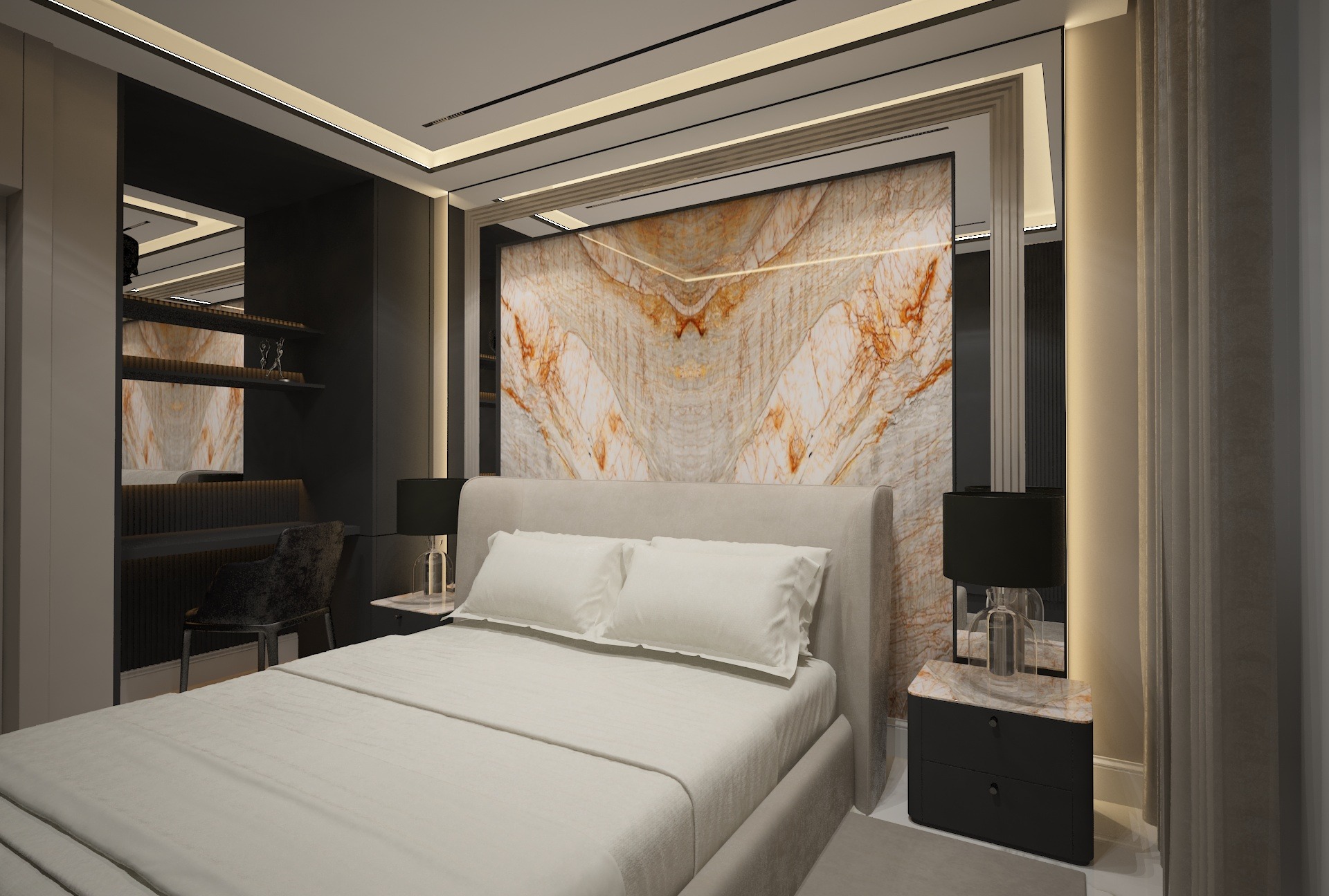 Elegancka sypialnia z łóżkiem w odcieniach beżu, marmurową ścianą za wezgłowiem, biurkiem z krzesłem i lampkami nocnymi. Nowoczesny design wnętrza.