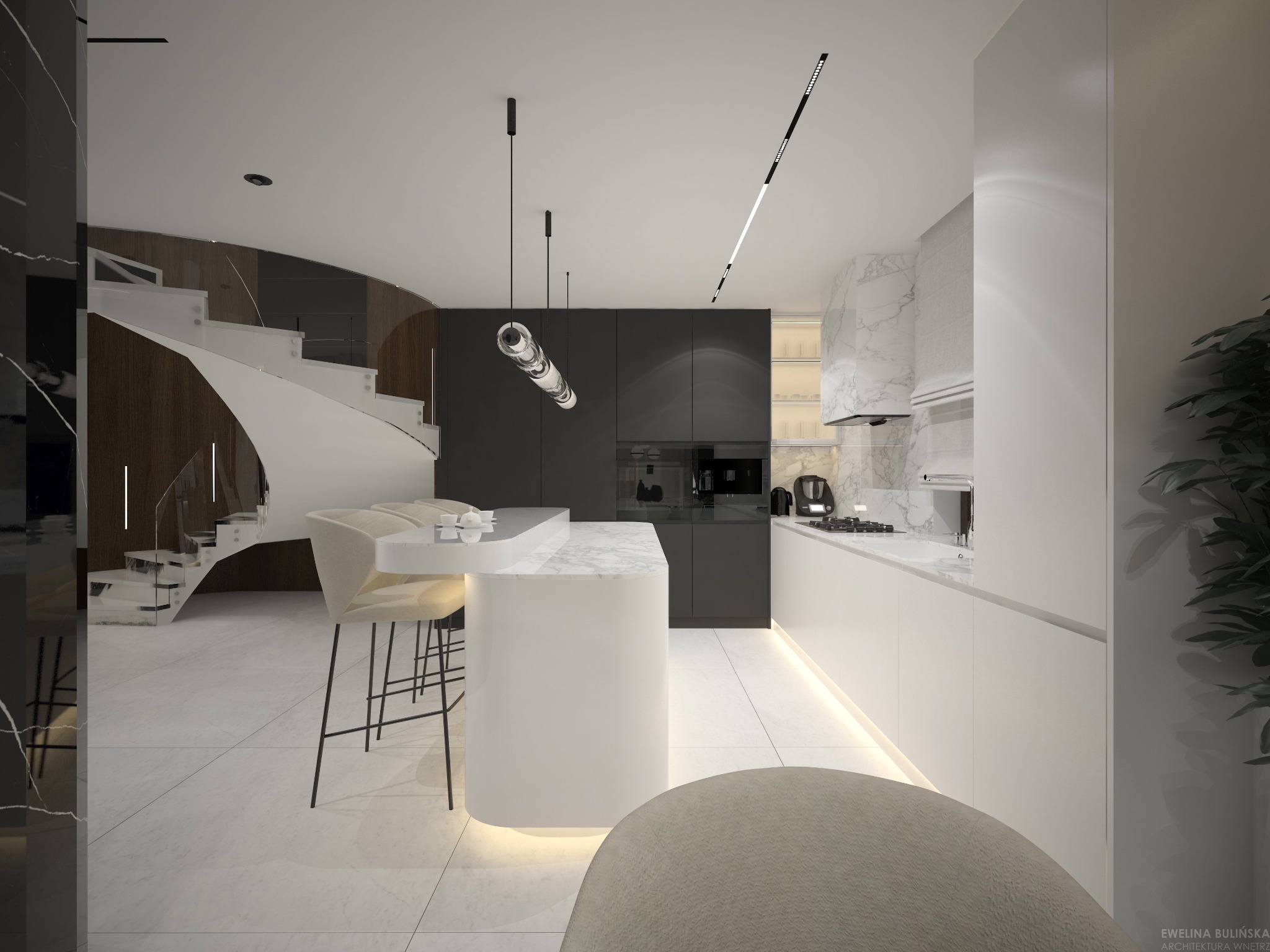 Nowoczesna kuchnia z wyspą i schodami w tle. Minimalistyczny design, biało-czarna kolorystyka, marmurowe wykończenia, oświetlenie LED.