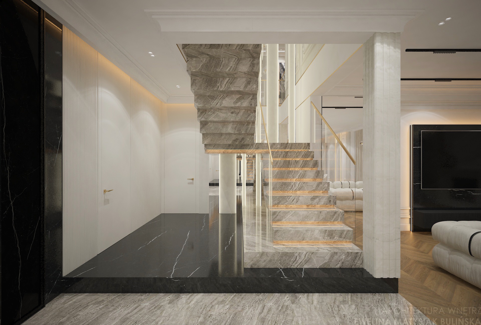 Eleganckie wnętrze z marmurowymi schodami i czarną podłogą. Minimalistyczny design z białymi ścianami i złotymi akcentami. Widoczne detale wykończenia i oświetlenia.