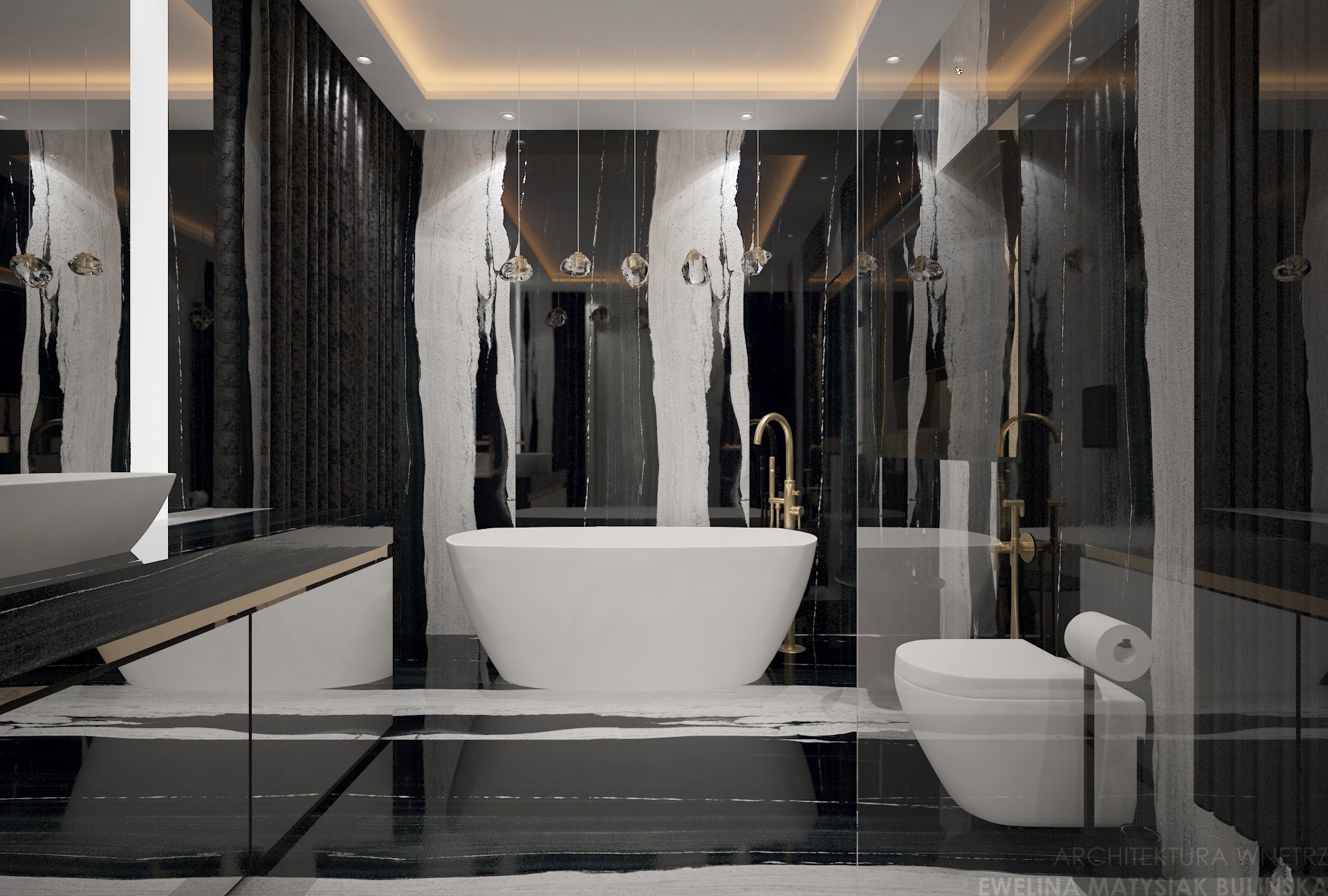 Elegancka łazienka w czerni i bieli z wolnostojącą wanną, złotą armaturą i dekoracyjnym oświetleniem. Projekt zrealizowany z dbałością o detale i nowoczesny design.