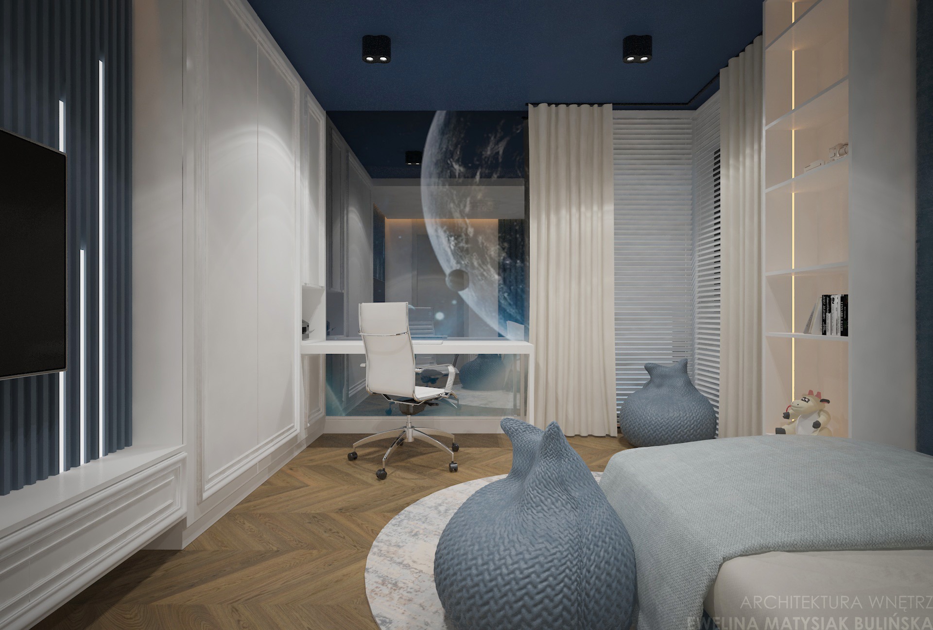 Kreatywny pokój z motywem kosmosu: biurko przy oknie z widokiem na planetę, niebieskie akcenty, drewniana podłoga i designerskie pufy. Nowoczesny styl.