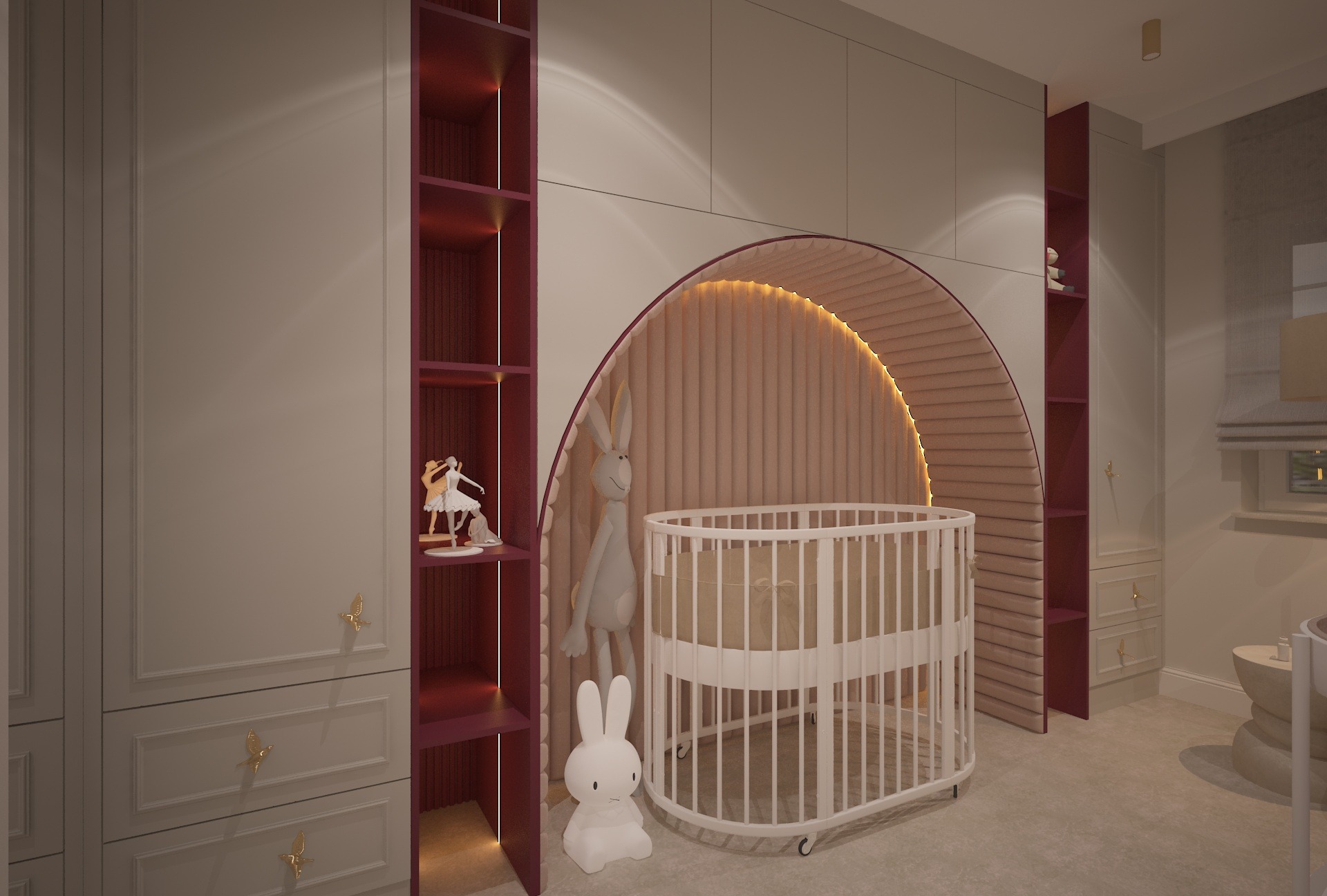 Uroczy pokój dziecięcy z okrągłym łóżeczkiem otoczonym dekoracyjnym łukiem z podświetleniem LED, pluszowymi zabawkami i meblami w pastelowych barwach z elementami bordo.