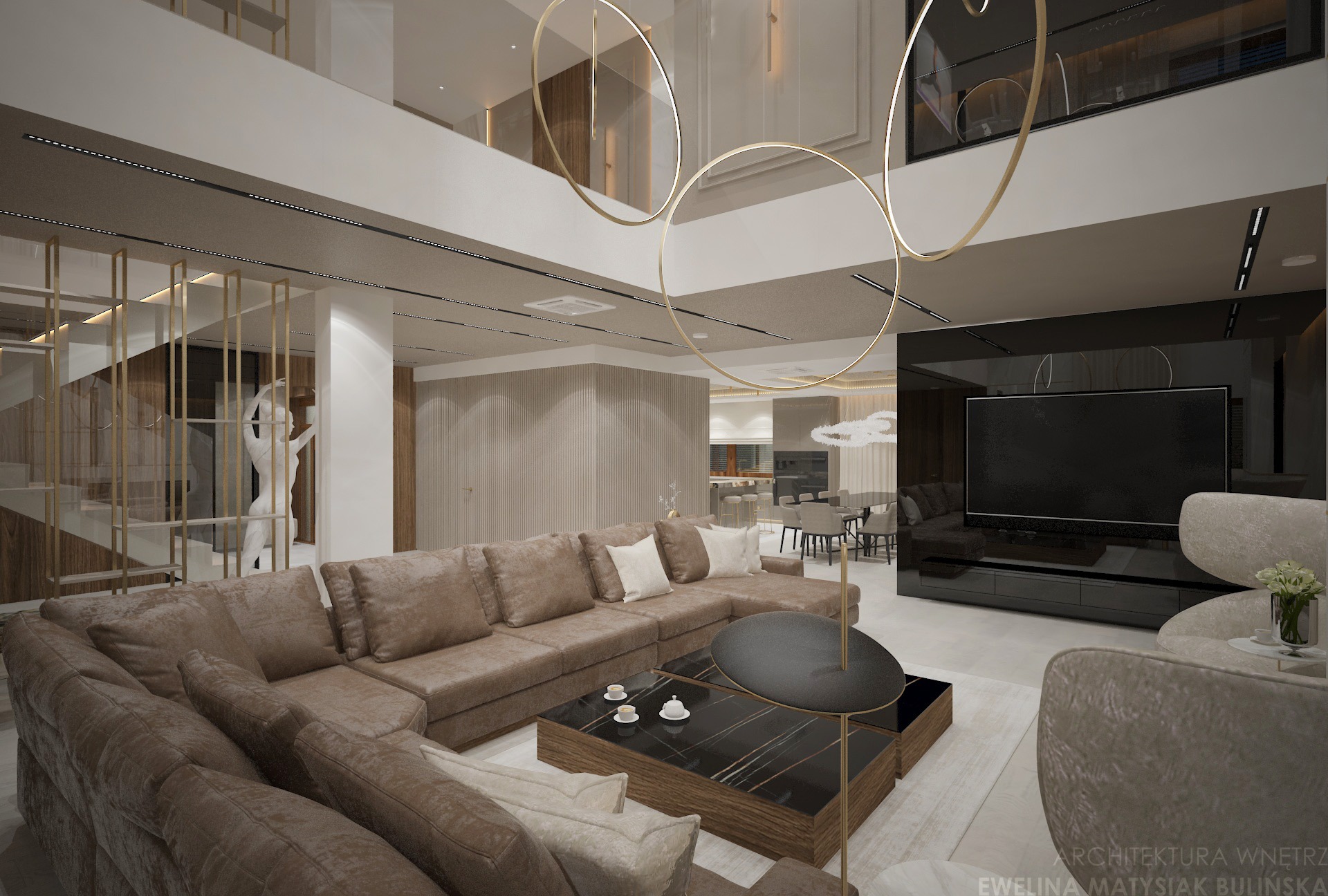 Przestronny salon z brązową sofą narożną, marmurowym stolikiem i złotymi lampami. W tle jadalnia i schody z ażurową balustradą. Nowoczesny design z dbałością o detale.