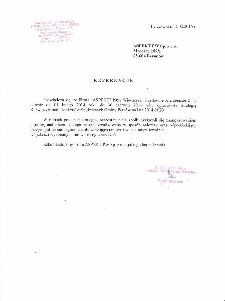 Dokument referencyjny dla firmy ASPEKT PW Sp. z o.o. z Gminnego Ośrodka Pomocy Społecznej w Perzowie, datowany na 11.02.2016 r., potwierdzający realizację strategii.