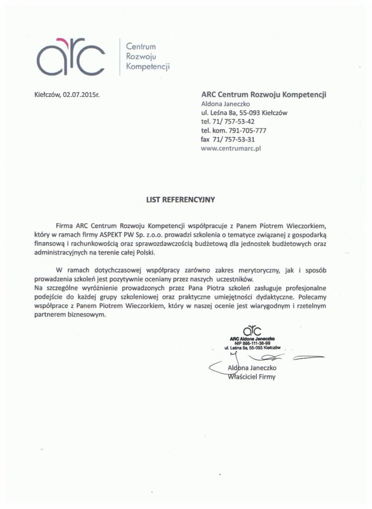 Skan dokumentu referencyjnego od ARC Centrum Rozwoju Kompetencji, potwierdzający współpracę z Panem Piotrem Wieczorkiem w zakresie szkoleń z gospodarki finansowej i rachunkowości budżetowej.