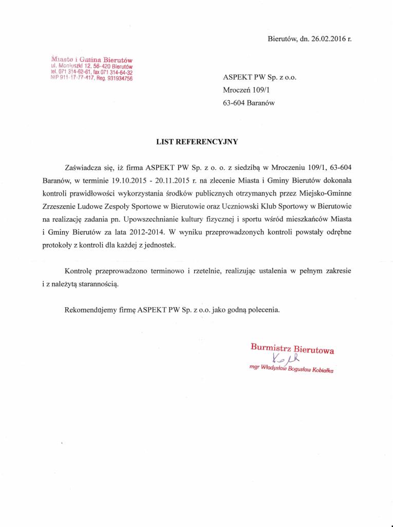 List referencyjny dla ASPEKT PW Sp. z o.o. od Miasta i Gminy Bierutów z dnia 26.02.2016 r., potwierdzający kontrolę środków publicznych i rekomendację.