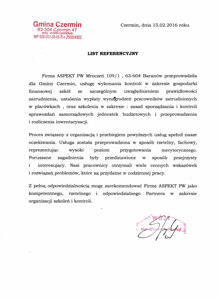 List referencyjny dla firmy ASPEKT PW od Gminy Czermin, datowany na 15.02.2016. Dokument potwierdza wykonanie kontroli finansowej szkół i szkoleń.