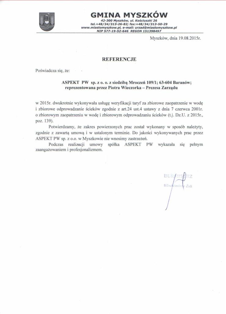 Dokument referencyjny z Gminy Myszków dla ASPEKT PW z 2015 r. potwierdzający należyte wykonanie usługi weryfikacji taryf za zbiorowe zaopatrzenie w wodę i ścieki.