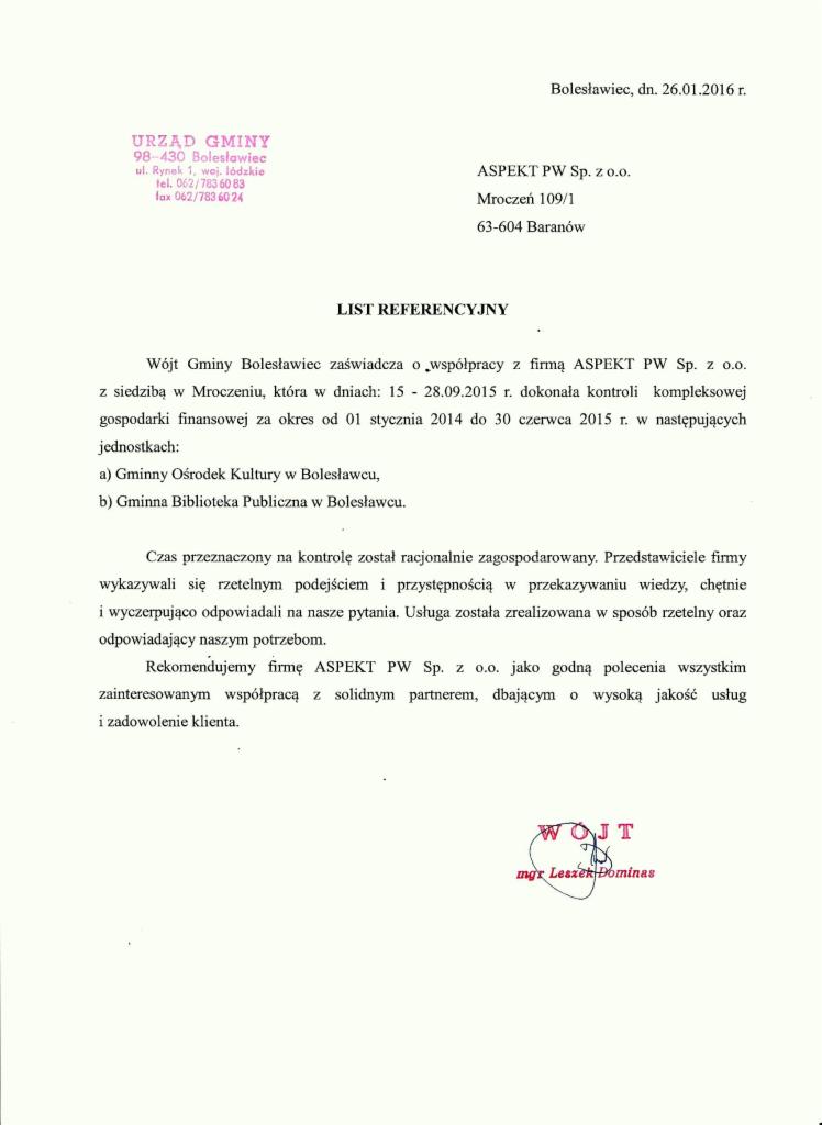 List referencyjny od Wójta Gminy Bolesławiec dla ASPEKT PW Sp. z o.o. za kontrolę gospodarki finansowej w Gminnym Ośrodku Kultury i Bibliotece Publicznej.