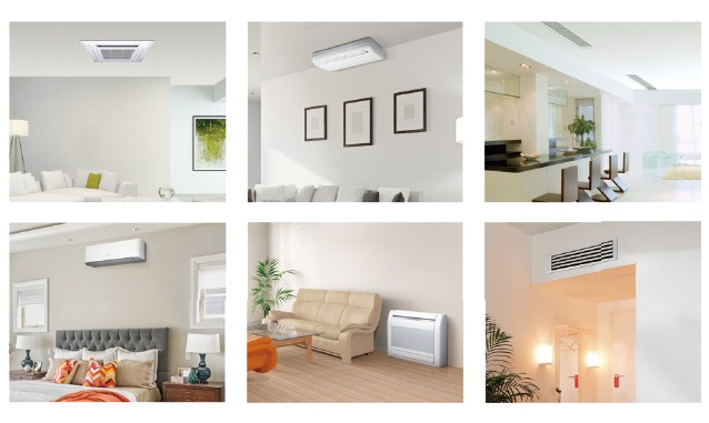 Kolaż sześciu różnych przykładów klimatyzacji w pomieszczeniach mieszkalnych: klimatyzator kasetonowy w salonie, klimatyzator ścienny w salonie z obrazami, klimatyzator w kuchni, klimatyzator...