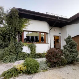 Nowoczesny dom jednorodzinny z białymi ścianami, brązowym dachem i dużym oknem, porośniętym bluszczem, otoczony zielenią i brukowanym podjazdem.