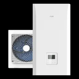 Biała jednostka zewnętrzna i wewnętrzna urządzenia grzewczego marki AUX z widocznym wentylatorem i panelem sterowania.