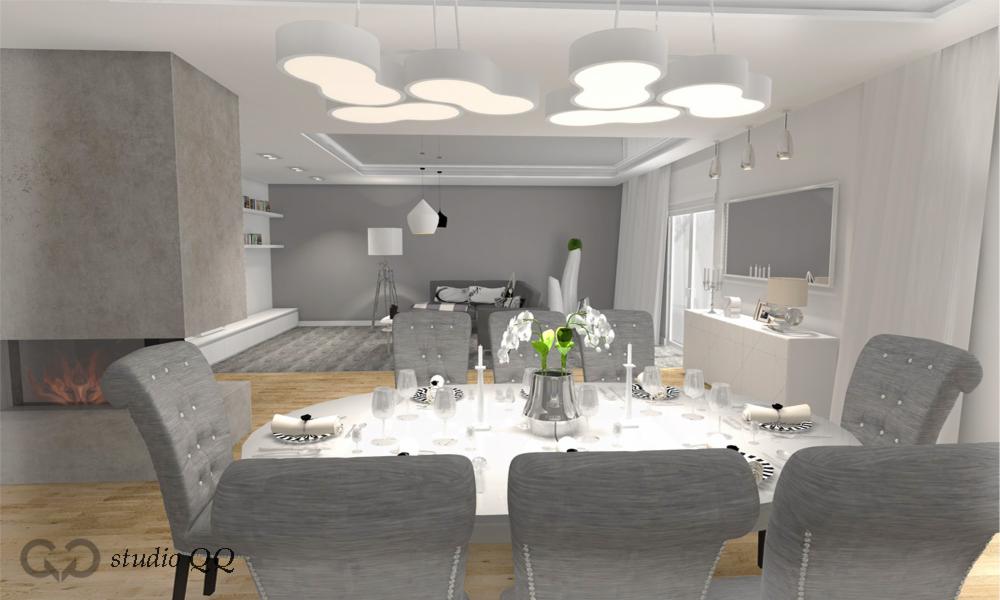 Elegancka jadalnia w odcieniach szarości i bieli, z nowoczesnym oświetleniem sufitowym i kominkiem. Stół nakryty do uroczystego posiłku. Minimalistyczny design.