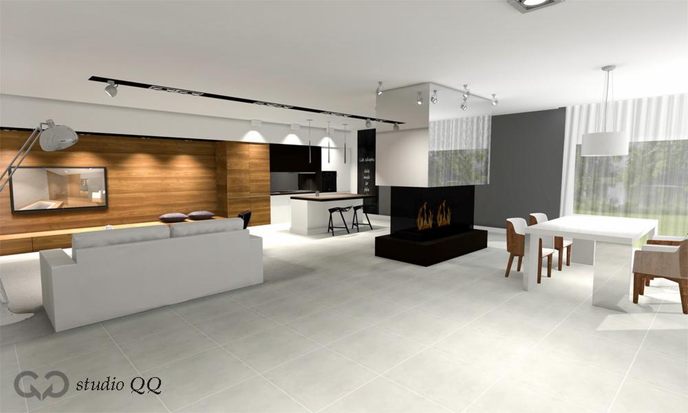 Nowoczesne wnętrze: salon z kominkiem, drewniana ściana z TV, biała sofa, jadalnia i kuchnia z wyspą. Minimalistyczny design, jasne kolory, oświetlenie punktowe. Studio QQ.